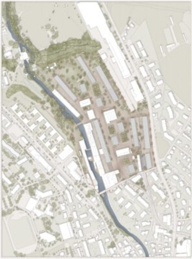 1 Kompakte Siedlungen am Beispiel des Bebauungsplanes der Papierfabrik in Cham links Bebauungsplan rechts Modellphoto.