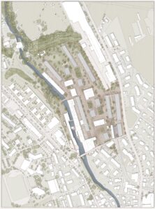 1 Kompakte Siedlungen am Beispiel des Bebauungsplanes der Papierfabrik in Cham (links Bebauungsplan rechts Modellphoto).