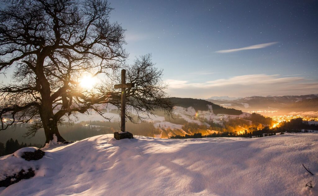Zugerberg, Steinkreuz und Baum im Winter