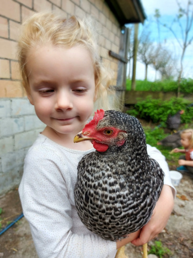 Kind hält Huhn im Arm