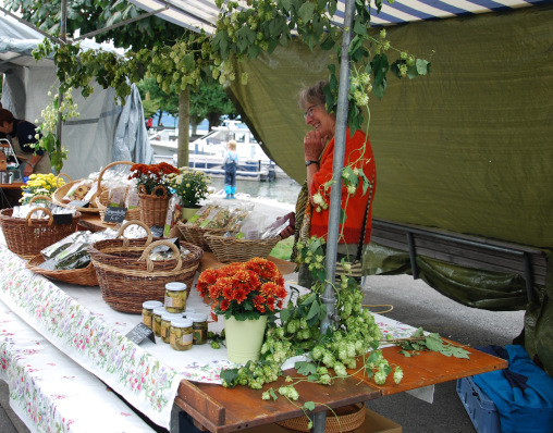 Stand mit Blumen auf dem Biomarkt