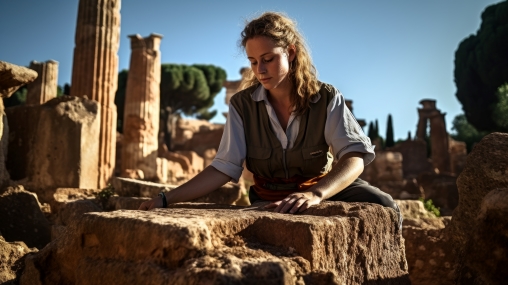 Eine junge Archäologin neigt sich über eine Steintafel an einer altrömischen Ausgrabung