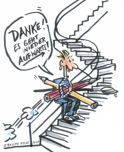 Karikatur einer Person auf einem Treppenlift