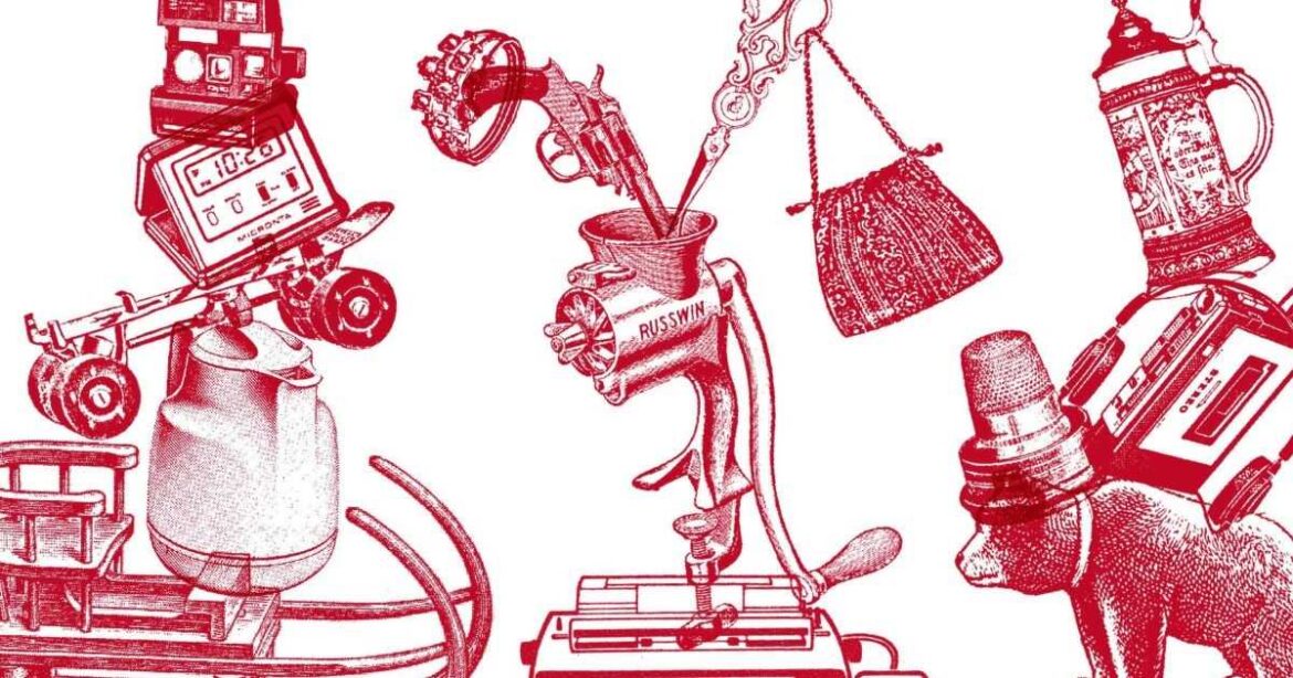 Flyer des Museums Burg Zug, rote Illustrationen auf weissem Hintergrund