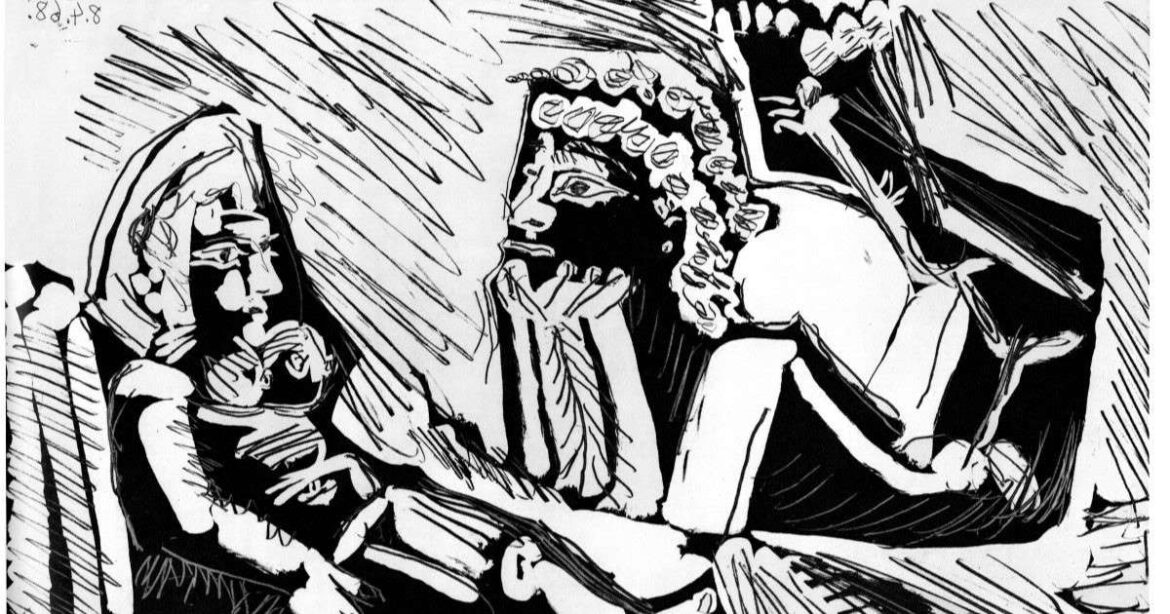 Pablo Picasso, Zeichnung in Schwarz-Weiss, conversation muette.