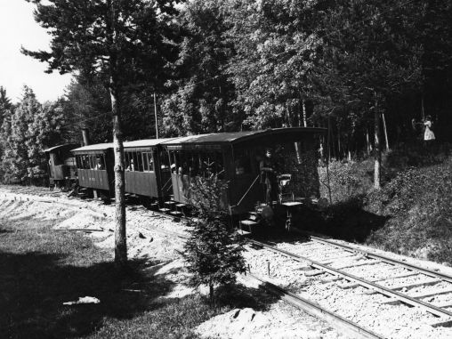 Eine Dampflokomotive auf einem schwarz-weissen Foto.